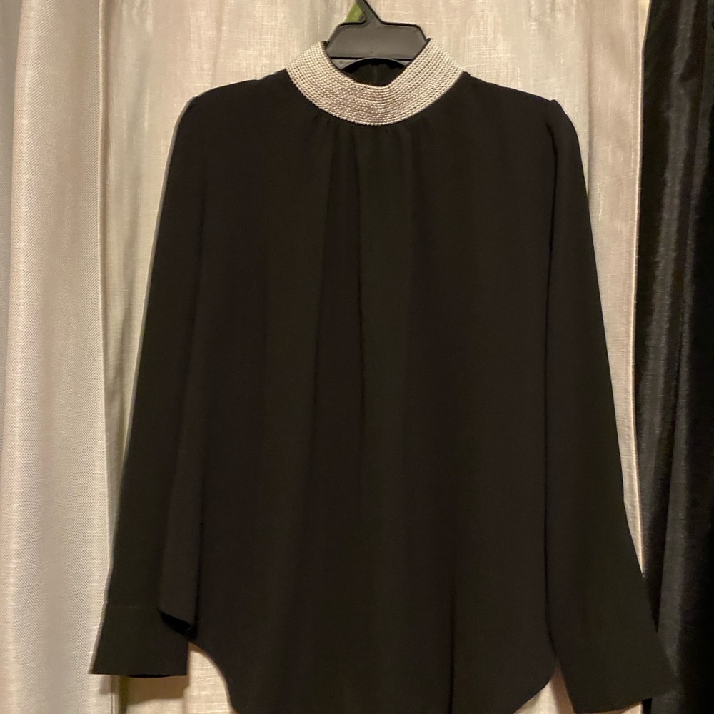 Gracia Black Blouse with Silver Pearl Embellished Collar